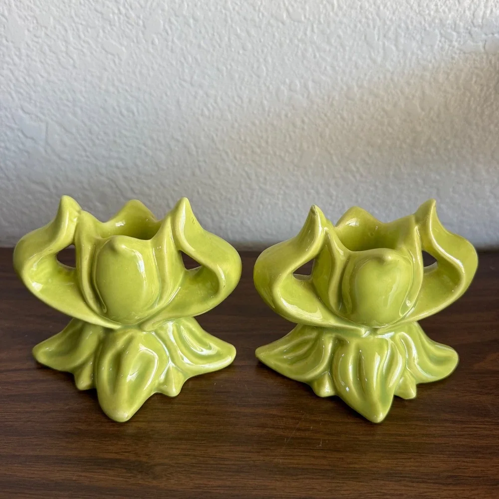 Vintage Chartreuse Green Ceramic Tulips Floral Candle Holder Set of 2 MCM READ